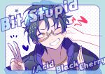 1boy biseibutu black_hair english_text glasses gnosia goggles green_hair highres jacket jewelry long_sleeves looking_at_viewer male_focus necklace one_eye_closed sha-ming shirt short_hair solo upper_body v zipper 