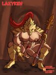  absurd_res armor armor_plates armored_boots armored_gloves bodily_fluids cum dark_souls dragonslayer_ornstein ejaculation erect_nipples erection fromsoftware genital_fluids hair headgear helmet hi_res human humanoid kneeling male mammal melee_weapon nipples not_furry polearm pubes red_eyes red_hair solo spear thelazyblaziken weapon 