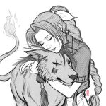  1boy 1girl aerith_gainsborough animal animal_ear_piercing braid braided_ponytail closed_eyes closed_mouth cropped_jacket final_fantasy final_fantasy_vii flame-tipped_tail hair_ribbon hug jen_bartel monochrome parted_bangs red_xiii ribbon sidelocks simple_background sketch upper_body white_background 