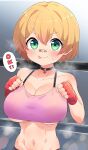  1girl :p absurdres bandaid bandaid_on_face bandaid_on_nose bike_shorts black_choker blonde_hair boxing_ring breasts choker fingerless_gloves freckles gloves green_eyes highres large_breasts okura-chan_(at_nya5) oppai_loli original pink_sports_bra red_gloves short_hair solo sports_bra teeth toned toned_female tongue tongue_out underboob upper_body upper_teeth_only 