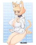  2024 animal_ears animal_humanoid big_breasts blush bottomless bottomless_female bottomless_humanoid breasts cat_humanoid cat_tail cleavage clothed clothing felid felid_humanoid feline feline_humanoid female hair hi_res hoodie humanoid looking_at_viewer mammal mammal_humanoid neco-arc red_eyes simple_background sitting solo tail tan_hair tan_tail thevarking topwear tsukihime type-moon white_background white_clothing white_hoodie white_topwear 