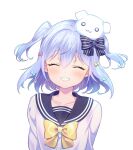  1boy animal_ears blue_hair blush bow dog_boy dog_ears dog_tail hair_ornament hairclip inuyama_tamaki noripro okanoyuno otoko_no_ko smile tail thighhighs virtual_youtuber 