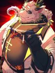  1boy bara beard black_fur black_shirt cigarette closed_mouth dragon_boy dragon_horns dragon_tail facial_hair fat fat_man full_beard furry furry_male highres holding holding_cigarette horns jacket jewelry long_mustache looking_at_viewer male_focus necklace original panda_dragon_(yed) round_eyewear shirt smoke_trail solo sunao_(sunao_ekakiyou) tail thick_eyebrows three_quarter_view upper_body white_fur white_hair white_jacket 