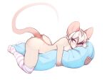  anthro bedroom_eyes blonde_hair blue_eyes clothing eyelashes female full-length_portrait hair hi_res legwear mammal mouse murid murine narrowed_eyes nude pillow pink_nose portrait rodent seductive short_hair sinsoda solo stockings 