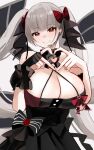  1girl absurdres azur_lane bare_shoulders black_bow black_dress black_gloves bow breasts cleavage closed_mouth commentary_request dress dress_bow earpiece fingerless_gloves formidable_(azur_lane) formidable_(muse)_(azur_lane) gloves grey_hair hair_ornament heart heart_hands highres huge_breasts long_hair looking_at_viewer official_alternate_costume red_eyes simple_background single_glove smile solo twintails upper_body very_long_hair white_background yamaha_tsui 