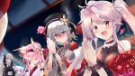  5girls @_@ animal_ears azur_lane blush commentary_request formidable_(azur_lane) fox_ears grenville_(azur_lane) grey_hair hanazuki_(azur_lane) heart horns japanese_clothes kimono le_malin_(azur_lane) long_hair multiple_girls new_year night nurnberg_(azur_lane) obi obijime outdoors own_hands_together pink_hair praying red_eyes sash shrine silver_hair spoken_blush thought_bubble tonchinkan twintails 