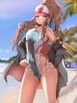  1girl baseball_cap beach blue_eyes blue_sky blush breasts brown_hair covered_navel day groin hands_on_own_hips hat high_ponytail highleg highleg_swimsuit highres hilda_(pokemon) hood hooded_jacket jacket light_frown looking_at_viewer medium_breasts momdy_(talesshinja) off_shoulder one-piece_swimsuit outdoors pokemon pokemon_bw sky solo swimsuit thighs v-shaped_eyebrows 