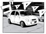  car greyscale guard_rail highres initial_d k.tofu monochrome motor_vehicle no_humans original parody road shadow sound_effects style_parody suzuki_(company) suzuki_alto vehicle_focus 