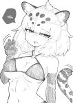  1girl animal_ears bikini blush breasts detroit893 elbow_gloves gloves greyscale highres jaguar_(kemono_friends) jaguar_ears jaguar_tail kemono_friends kemono_friends_3 large_breasts looking_at_viewer monochrome multicolored_hair navel o-ring o-ring_top open_mouth short_hair smile solo swimsuit tail 