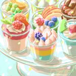  apple apple_slice berry blueberry cherry cup food food_focus fruit highres kiwi_(fruit) kiwi_slice no_humans original raspberry strawberry tonekoya whipped_cream yogurt 