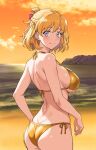  1girl aged_up asahina_mirai ass beach bikini blonde_hair braid breasts cloud day folded_hair french_braid gold_bikini highres looking_at_viewer looking_back mahou_girls_precure! medium_breasts orange_sky outdoors precure purple_eyes short_hair side-tie_bikini_bottom sky solo sozan swimsuit 