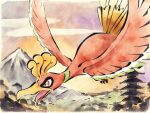  animal_focus beak bird bird_tail cloud feathered_wings feathers flying highres ho-oh metikyun mountain no_humans open_mouth outdoors pagoda pokemon pokemon_(creature) red_eyes red_feathers tail wings 