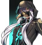  1boy 88_taho asclepius_(fate) black_jacket crossed_bangs doctor fate/grand_order fate_(series) gas_mask green_eyes grey_hair hair_between_eyes hood hood_up hooded_jacket jacket long_hair looking_at_viewer male_focus mask masked mouth_mask multicolored_hair plague_doctor_mask respirator shirt simple_background solo very_long_hair white_hair 