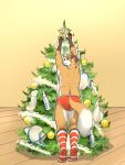 anthro canid canine christmas christmas_tree clothing footwear fox hi_res holidays lube_bottle male mammal plant socks solo theopieart tippy_toes tree underwear