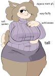 adopt alpaca anthro big_breasts biped black_eyes bottomwear breasts brown_body brown_claws brown_fur camelid claws clothing digital_media_(artwork) english_text fur half-closed_eyes hi_res huge_breasts mammal model_sheet mother multicolored_body multicolored_fur narrowed_eyes parent portrait puppychan48 purple_bottomwear purple_clothing purple_skirt purple_sweatshirt simple_background skirt smile solo standing tan_body tan_face text three-quarter_portrait two_tone_body two_tone_fur white_background 