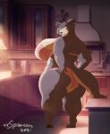  beastars big_breasts big_butt bra breasts butt canid canine canis clothing female fur grey_body grey_fur hand_on_butt hi_res huge_breasts juno_(beastars) kitchen looking_at_viewer looking_back mammal overweight overweight_female rear_view signature solo thick_thighs underwear wolf xxsparcoxx 