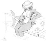  2020 anthro beverage_can breasts can casual_nudity clothing container cooler dock female fish fishing fishing_rod hair hat headgear headwear hi_res inverted_nipples lakeslug marine navel nipples nude planks shark shark_tail simple_background sitting solo water white_background 