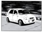  car greyscale guard_rail highres initial_d k.tofu monochrome motor_vehicle no_humans original parody road shadow style_parody suzuki_(company) suzuki_alto vehicle_focus 