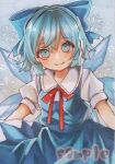  1girl blue_bow blue_dress blue_eyes blue_hair bow cirno detached_wings dress fairy fairy_wings frozen hair_bow ice ice_wings marker_(medium) monji_(monzi328) pinafore_dress sleeveless sleeveless_dress smile solo touhou traditional_media wings 