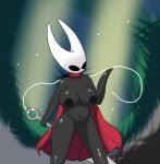  anthro arthropod big_breasts black_body black_eyes black_nipples breasts cape clothing female genitals holding_object holding_weapon hollow_knight hornet_(hollow_knight) needle_(disambiguation) nipples poraka7 pussy silk solo string team_cherry video_games weapon 