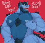 anthro barazoku beard big_muscles body_hair castrodour dragon facial_hair fist hi_res horn male muscular muscular_male mythological_creature mythological_scalie mythology nude pecs scalie smile smiling_at_viewer solo text