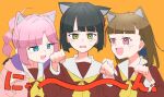  3girls :3 :d ahoge animal_ears anyoji_hime black_hair black_ribbon blue_eyes blunt_bangs blunt_ends braid brown_dress brown_hair cat_ears cat_girl center-flap_bangs commentary_request dress fang flower flower_knot green_eyes hair_flower hair_ornament hair_ribbon hasu_no_sora_school_uniform highres hood hooded_jacket jacket kachimachi_kosuzu kemonomimi_mode link!_like!_love_live! long_hair long_sleeves love_live! momose_ginko multi-tied_hair multiple_girls neckerchief nyan open_clothes open_jacket open_mouth orange_background othiwo pink_eyes pink_hair pink_jacket ponytail ribbon sailor_collar sailor_dress school_uniform short_hair side_ahoge side_braids sidelocks simple_background skin_fang smile straight_hair sweatdrop swept_bangs translation_request upper_body v-shaped_eyebrows virtual_youtuber white_sailor_collar winter_uniform yellow_neckerchief 