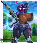  2024 anthro areola armor artist_name averag3artist bear belt big_breasts blurred_background breasts brown_areola brown_nipples clothing crotch_tuft epic_games eye_scar facial_scar female fortnite gameplay_mechanics gauntlets genitals gloves gun hand_behind_head handwear hi_res holding_gun holding_object holding_ranged_weapon holding_rifle holding_weapon leg_armor mammal nipple_piercing nipples open_mouth piercing pussy ranged_weapon raven_team_leader rifle scar shadow_face shocked solo thick_thighs tuft twitter_handle wardrobe_malfunction weapon 