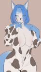  absurd_res animal_print anthro big_breasts blue_body blue_fur blue_hair breasts canid canine clothed clothing cow_print female fox fur green_eyes hair hi_res krystal_(star_fox) looking_at_viewer mammal nintendo rusal32 simple_background solo star_fox tail thick_thighs white_body white_fur wide_hips 