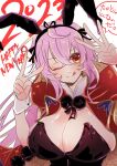  1girl 2023 animal_ears artistic_error blush breasts cleavage closed_mouth dialogue_box extra_digits highres japanese_clothes kimono large_breasts long_hair marumu new_year playboy_bunny purple_hair rabbit_ears red_eyes ribbon sengoku_bushouki_muramasa simple_background smile solo tongue tongue_out toudou_takatora_(sengoku_bushouki_muramasa) upper_body v 