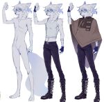  2024 anthro biped blue_eyes brown_clothing brown_coat brown_topwear canid canine canis clothing coat fur male mammal multiple_poses papyuuno pose shirt slim_anthro slim_male solo standing tank_top topwear white_body white_clothing white_fur white_shirt white_tank_top white_topwear wolf 
