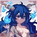  1girl bandaged_arm bandages blue_eyes blue_fire blue_hair breast_tattoo breasts commentary fire frown hair_between_eyes horns medium_breasts mimpish original pixel_art plunging_neckline solo tattoo v-shaped_eyebrows 
