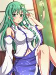  1girl bare_shoulders blue_skirt blurry blurry_background blush breasts collared_shirt commentary cowboy_shot day detached_sleeves eyes_visible_through_hair frilled_skirt frills frog_hair_ornament green_eyes green_hair hair_ornament hand_in_own_hair hand_up highres kochiya_sanae large_breasts light_particles long_hair long_sleeves looking_at_viewer making-of_available navel parted_lips rimasu71 shirt sitting skirt sleeveless sleeveless_shirt snake_hair_ornament solo touhou white_shirt white_sleeves wide_sleeves 