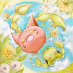  :d absurdres alternate_color cloud commentary_request dandelion day flower happy highres hoppip marker_(medium) no_humans open_mouth outdoors pana_panana pokemon pokemon_(creature) shiny_pokemon sky smile tongue traditional_media yellow_eyes yellow_flower 