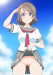  1girl absurdres ass_visible_through_thighs blue_eyes breasts clothes_lift commission facing_viewer frown grey_skirt highres lifting_own_clothes light_brown_hair love_live! love_live!_sunshine!! medium_breasts medium_hair neckerchief pussy red_neckerchief salute school_uniform serafuku shirt skeb_commission skirt skirt_lift sky tearing_up usazirou539 watanabe_you white_shirt 