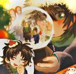  2boys =_= black_coat black_pants blue_jacket blue_shirt braid brown_footwear brown_hair chinese_commentary closed_eyes coat commentary_request gift green_eyes green_scarf harada_minoru hat highres holding holding_gift holding_snow_globe isoi_reiji jacket long_hair long_sleeves lower_teeth_only male_focus mini_hat mini_santa_hat multiple_boys open_clothes open_coat open_mouth pants red_hat saibou_shinkyoku santa_hat scarf shirt short_hair side_braid single_braid smile snow_globe teeth wuneigeshamingyoushadiaobingfanle 