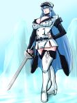  1girl akame_ga_kill! blue_choker blue_eyes blue_hair boots breasts choker cleavage commission esdeath hand_on_own_hip hat holding holding_sword holding_weapon large_breasts long_hair long_sleeves military military_uniform peaked_cap pixiv_commission solo soyuz001 sword thigh_boots uniform very_long_hair weapon white_footwear 