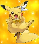  bow brown_eyes hari_(kureon) heart heart_tail looking_at_viewer no_humans one_eye_closed open_mouth pikachu pokemon pokemon_(creature) solo sparkle tail yellow_background yellow_bow yellow_fur 