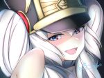  1girl 2019 absurdres altair_(re:creators) bare_shoulders black_hat blue_eyes collarbone commentary dated gold_trim hair_between_eyes hat highres looking_at_viewer looking_to_the_side lower_teeth_only open_mouth re:creators red_eyes shaded_face signature smile solo square_pupils teeth tongue twintails two-tone_eyes zhong_(kartg0046935) 