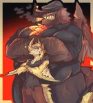  2024 anthro b00_rad big_muscles biped capcom cigar crossed_arms dragon duo huge_muscles male monster_hunter muscular muscular_anthro muscular_male mythological_creature mythological_scalie mythology scalie slim_anthro slim_male smile smoking smoking_cigar standing 