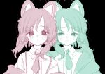  2girls animal_ears black_background blue_archive bow cat_ears fake_animal_ears frown green_eyes green_halo hair_bow half-closed_eyes halo highres kagenone looking_at_viewer looking_to_the_side medium_hair midori_(blue_archive) momoi_(blue_archive) multiple_girls necktie pink_eyes pink_halo sad shirt siblings sidelocks simple_background sisters sketch twins white_shirt 