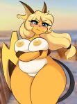  2024 accessory anthro areola big_breasts blonde_hair breasts crossed_arms eyebrows eyelashes female generation_1_pokemon genitals grey_eyes hair hair_accessory hair_tie hi_res i_am_kat95 long_hair looking_at_viewer nintendo nipples nude pokemon pokemon_(species) pussy raichu solo thick_thighs white_body wide_hips yellow_body 