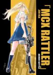  1girl absurdres assault_rifle black_footwear black_socks blonde_hair blue_eyes blue_ribbon blue_skirt closed_mouth collared_shirt commentary commentary_request english_text from_behind full_body gun highres holding holding_gun holding_weapon mantohihi_binta original ribbon rifle shirt shoes sig_mcx sig_sauer skirt socks solo trigger_discipline weapon white_shirt 