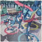  bench border bush closed_eyes commentary_request day frogadier greninja handstand highres how_long no_humans one_arm_handstand open_mouth outdoors pokemon pokemon_(creature) rain slide tile_floor tiles tongue white_border 