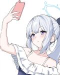  1girl bare_shoulders blue_archive blue_halo cellphone collarbone commentary_request flat_chest frilled_one-piece_swimsuit frills gale_kawaii grey_hair halo holding holding_phone miyako_(blue_archive) miyako_(swimsuit)_(blue_archive) one-piece_swimsuit phone ponytail purple_eyes sidelocks sketch smartphone smartphone_case solo swimsuit upper_body 