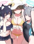  3girls absurdres adjusting_hair animal_ear_fluff animal_ears bare_arms bare_legs bare_shoulders bikini black_bikini black_hair black_one-piece_swimsuit blue_archive blue_eyes blue_halo blush breasts cat_ears cleavage closed_mouth collarbone competition_swimsuit csham extra_ears frilled_bikini frills front-tie_bikini_top front-tie_top green_eyes green_halo grey_hair groin halo hat highres jacket large_breasts light_brown_hair long_hair long_sleeves looking_at_viewer medium_breasts medium_hair multiple_girls navel nonomi_(blue_archive) nonomi_(swimsuit)_(blue_archive) official_alternate_costume one-piece_swimsuit open_clothes open_jacket open_mouth pink_halo red_eyes see-through see-through_jacket see-through_sleeves serika_(blue_archive) serika_(swimsuit)_(blue_archive) shiroko_(blue_archive) shiroko_(swimsuit)_(blue_archive) side-tie_bikini_bottom small_breasts smile swimsuit twintails white_hat wolf_ears yellow_bikini 