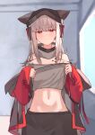  1girl absurdres animal_ears arknights bare_shoulders blush closed_mouth clothes_lift clothes_writing commentary_request cowboy_shot frostleaf_(arknights) grey_hair grey_jacket grey_shirt half-closed_eyes headphones high_collar highres jacket lifting_own_clothes long_hair long_sleeves looking_at_viewer material_growth midriff navel off_shoulder oripathy_lesion_(arknights) red_eyes red_sleeves shirt shirt_lift sidelocks sketch_background solo standing suzubotan sweatdrop 