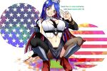  1girl american_flag_background asymmetrical_legwear black_necktie blue_eyes blue_hair breasts brown_thighhighs character_name grey_eyes grin headgear kantai_collection large_breasts long_hair multicolored_hair navel necktie one-hour_drawing_challenge oso_(toolate) pantyhose pencil_skirt red_hair shirt single_leg_pantyhose skirt sleeveless sleeveless_shirt smile solo south_dakota_(kancolle) south_dakota_kai_(kancolle) squatting star_(symbol) thighhighs thighhighs_over_pantyhose uneven_legwear v white_hair 