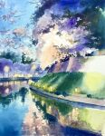 absurdres blue_sky branch canal concrete day didi_daisukedoi grass highres no_humans original painting_(medium) path reflection reflective_water scenery sky traditional_media utility_pole water watercolor_(medium) 