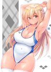  1girl absurdres arena_(company) armpits arms_up blonde_hair blush braid breasts cleavage closed_mouth competition_swimsuit covered_navel curvy dark-skinned_female dark_skin elf groin half_updo highleg highleg_swimsuit highres hololive long_hair looking_at_viewer medium_breasts multicolored_hair one-piece_swimsuit orange_eyes plump pointy_ears shiranui_flare smile solo streaked_hair swimsuit thighhighs tong_shui virtual_youtuber white_legwear 