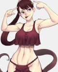  1girl absurdres arms_up artist_name bare_shoulders black_clover breasts brown_hair crop_top grey_background hair_ornament highres hip_vent kahono large_breasts limn044 long_hair looking_to_the_side looking_up medium_breasts navel ponytail red_eyes red_shirt shirt simple_background sleeveless sleeveless_shirt solo tongue tongue_out very_long_hair 